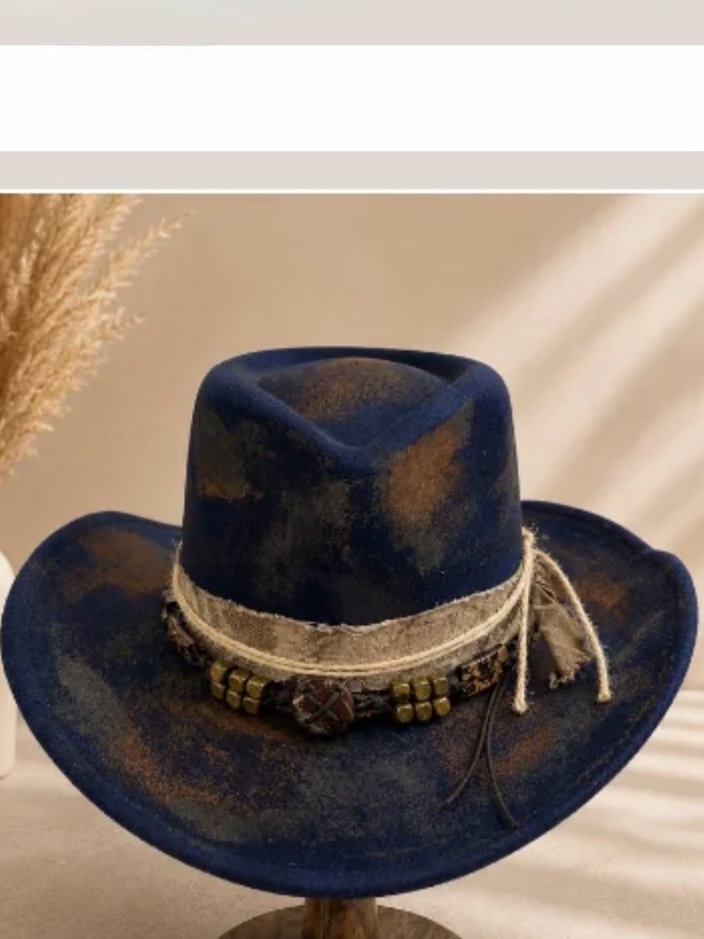 Women’s Distressed Navy Wool Fedora Hat with Beaded Band